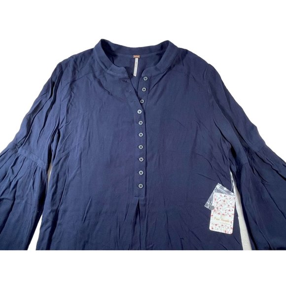 Free People Button Down Blouse Navy Bell Sleeve Long Sleeve Womens Medium Blouse - Picture 3 of 7